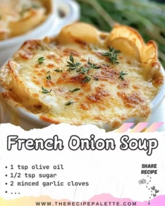Delicious bowl of traditional French Onion Soup topped with melted cheese.