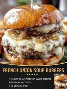 French Onion Soup Burgers topped with melted cheese and caramelized onions