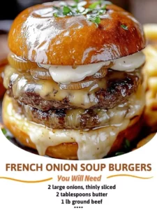 Juicy French onion soup burgers topped with melted cheese and caramelized onions