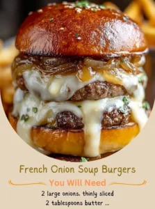 French Onion Soup Burgers topped with melted cheese and caramelized onions