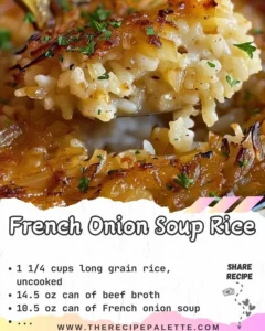 Bowl of French Onion Soup Rice topped with melted cheese and herbs.
