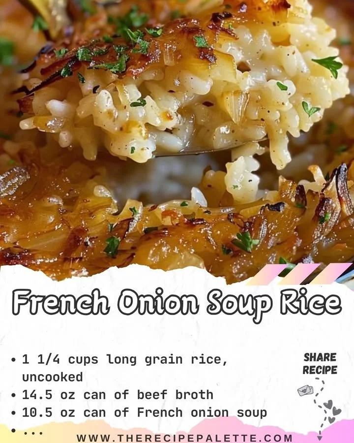Bowl of French Onion Soup Rice topped with melted cheese and herbs.