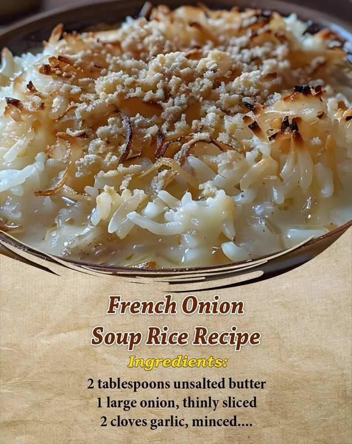 Bowls of French Onion Soup Rice garnished with melted cheese and herbs