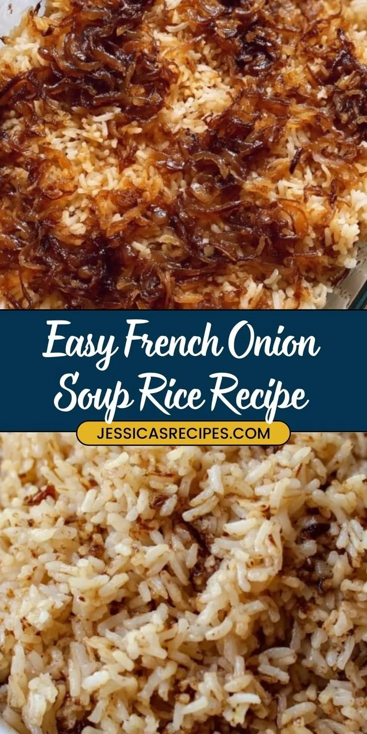 Delicious French onion soup rice bake garnished with cheese and herbs