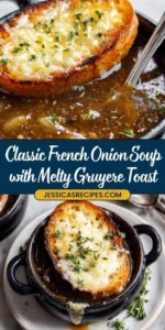 Delicious bowl of French Onion Soup with cheesy baguettes on the side