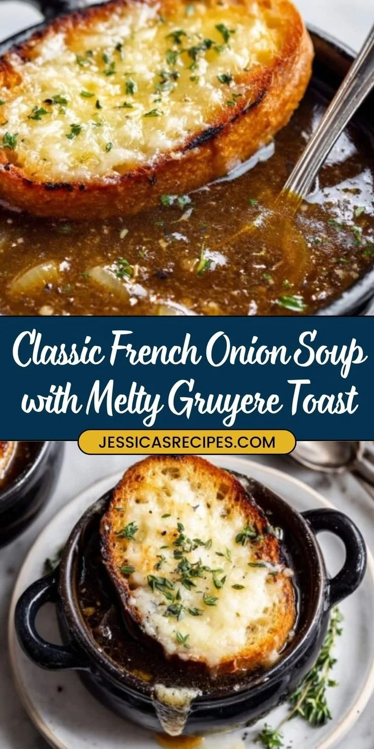 Delicious bowl of French Onion Soup with cheesy baguettes on the side