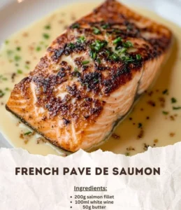 Delicious French Salmon Pavé served with herbs and lemon.