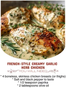 Delicious creamy garlic herb chicken garnished with fresh herbs