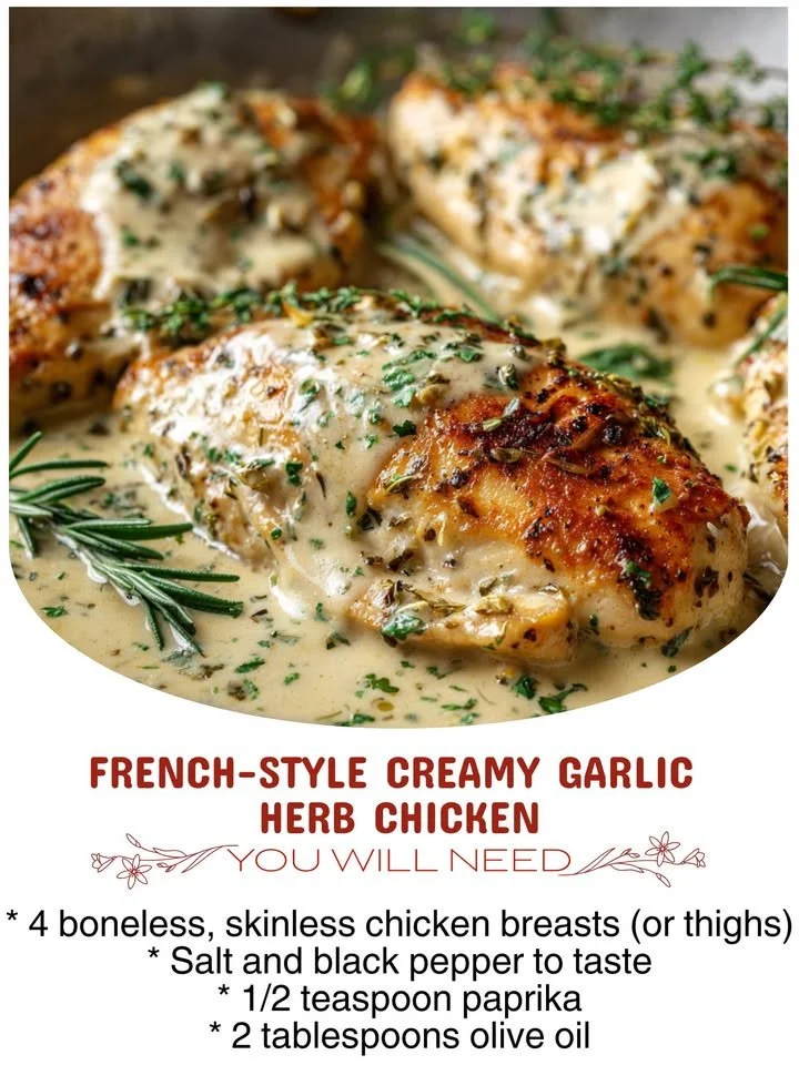 Delicious creamy garlic herb chicken garnished with fresh herbs