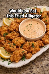 Plate of crispy Fried Alligator served with dipping sauce