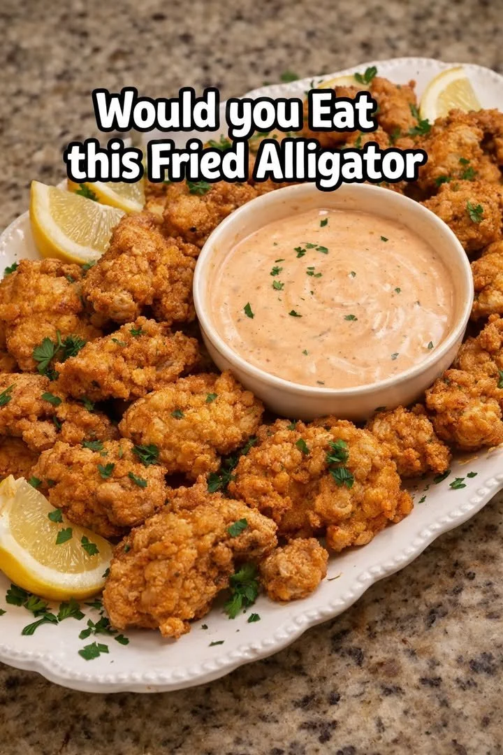 Delicious plate of crispy Fried Alligator served with dipping sauce