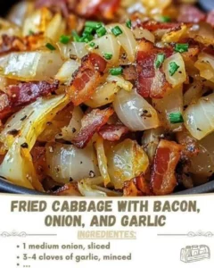 Plate of fried cabbage with bacon, onion, and garlic cooked to perfection