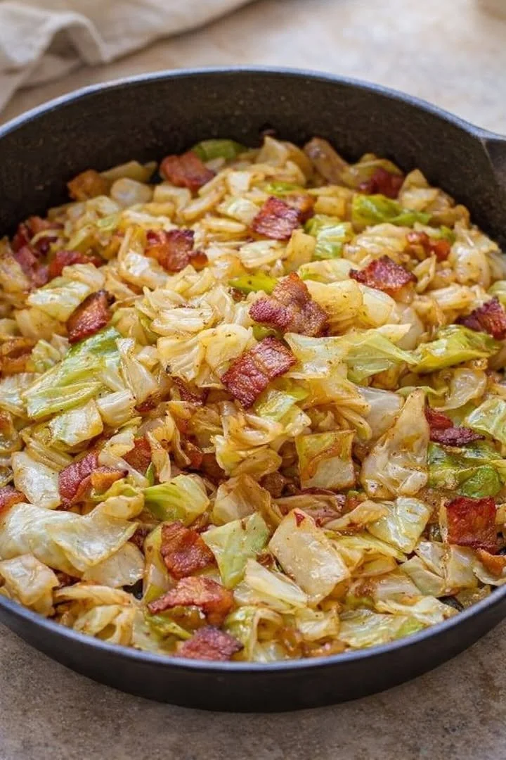 Plate of fried cabbage cooked with bacon, onion, and garlic for a savory dish.
