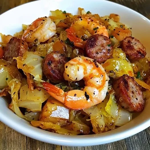 Plate of fried cabbage with shrimp and sausage, garnished with herbs