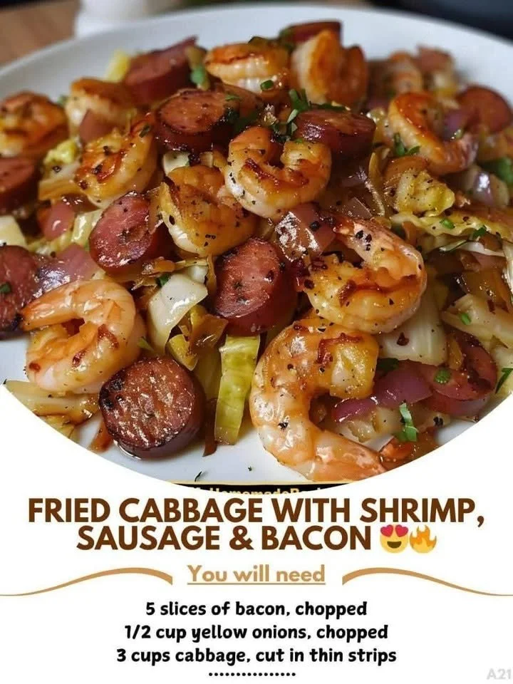 Plate of Fried Cabbage with shrimp, sausage, and bacon, garnished with herbs.