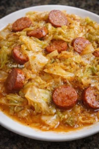 Plate of fried cabbage with smoked sausage seasoned to perfection