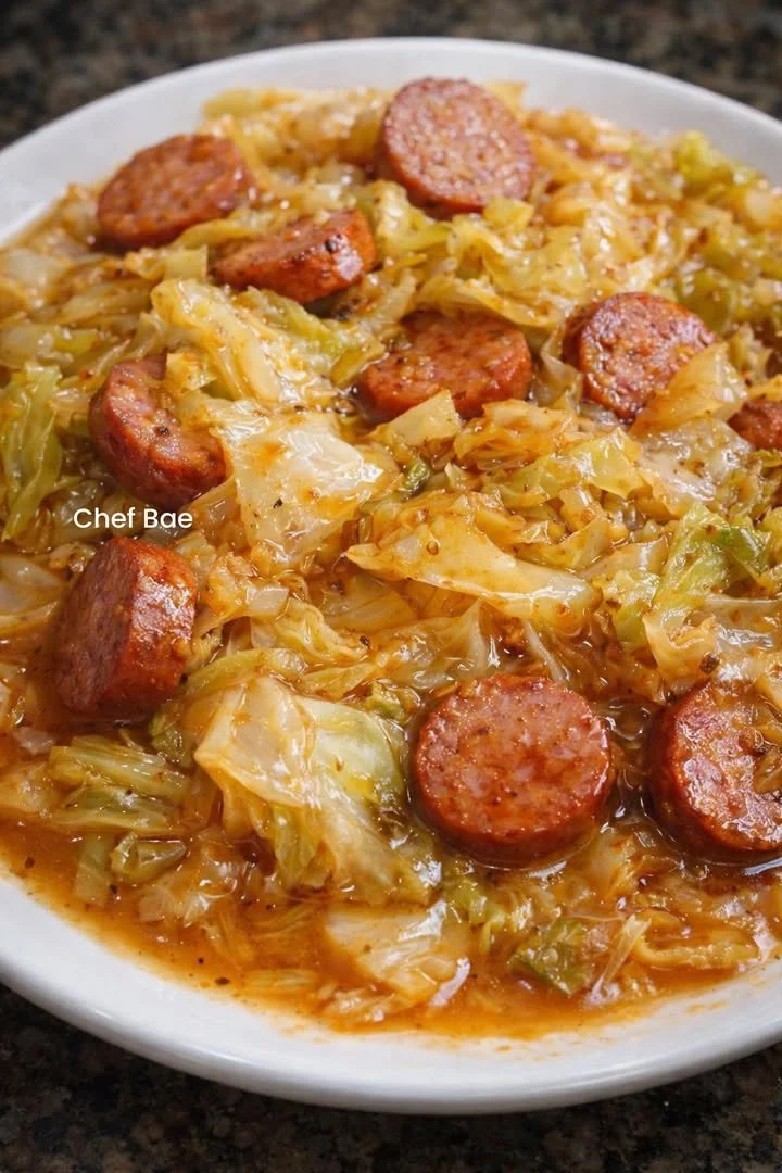 Plate of fried cabbage with smoked sausage seasoned to perfection
