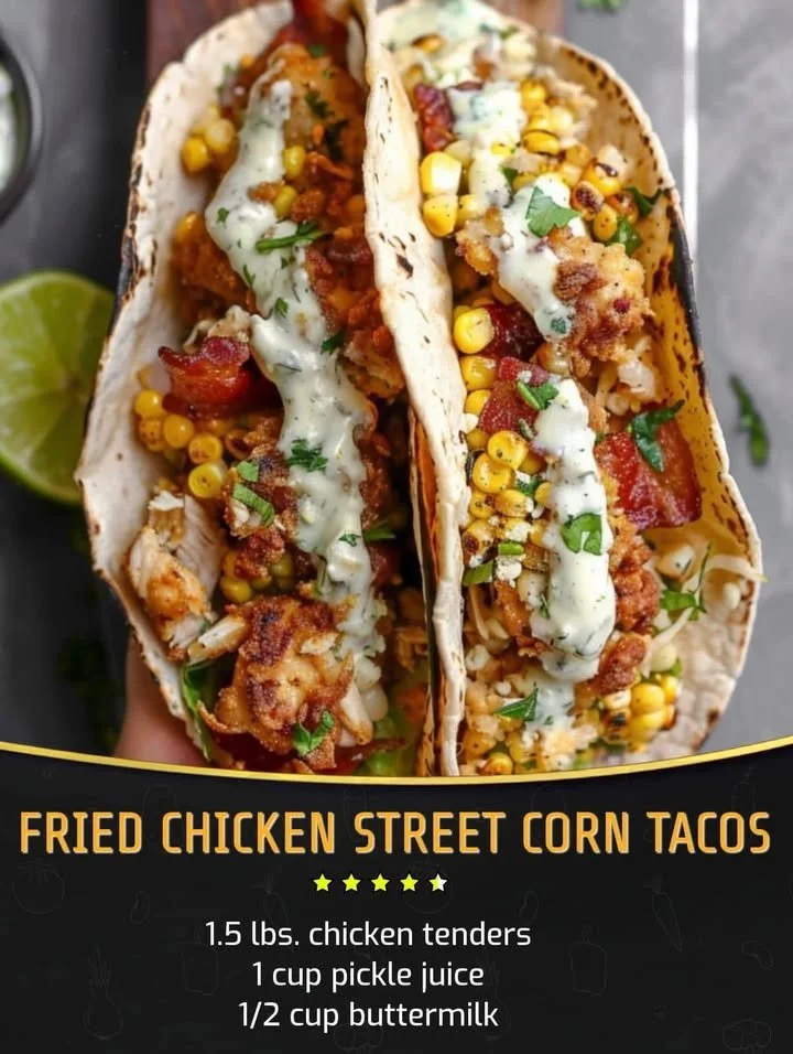 Fried chicken tacos with street corn, bacon, and jalapeno lime ranch dressing