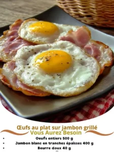 Fried eggs served on grilled ham for a delicious breakfast