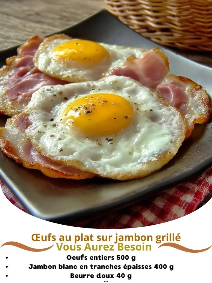 Fried eggs served on grilled ham for a tasty breakfast dish