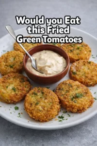 Plate of crispy fried green tomatoes served with sauce