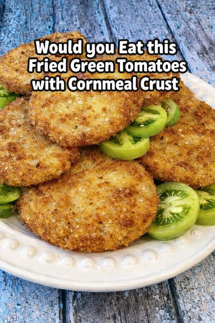 Crispy fried green tomatoes with a cornmeal crust on a serving plate