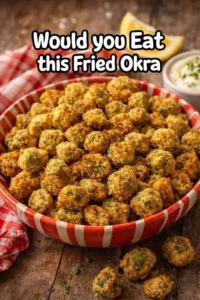Delicious fried okra served in a bowl with dipping sauce.