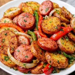 Delicious fried potatoes with onions and smoked Polish sausage served on a plate
