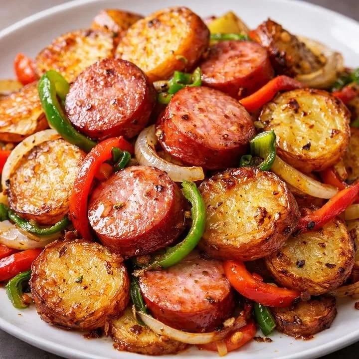 Plate of fried potatoes with onions and smoked Polish sausage