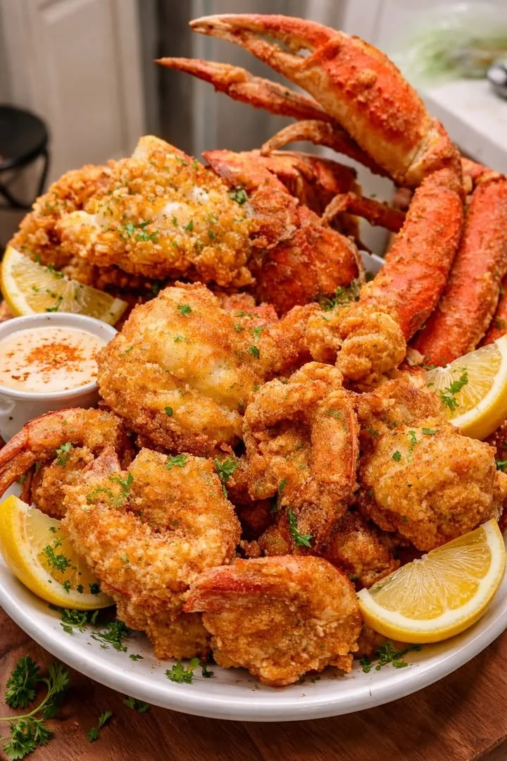 Plate of crispy fried seafood including shrimp and calamari