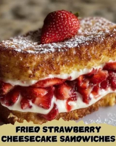 Fried strawberry cheesecake sandwiches with fresh strawberries and a crispy coating.