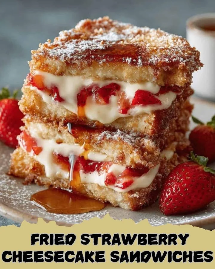 Fried strawberry cheesecake sandwiches topped with fresh strawberries and whipped cream