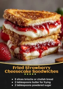Delicious Fried Strawberry Cheesecake Sandwiches served warm with strawberry drizzle