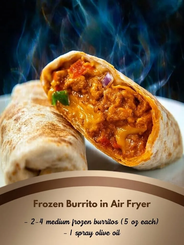 Air-fried frozen burrito served on a plate with dipping sauce.