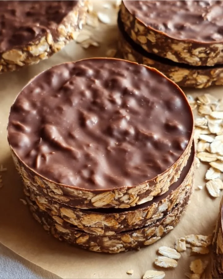 Frozen chocolate peanut butter yogurt crunch discs on a plate