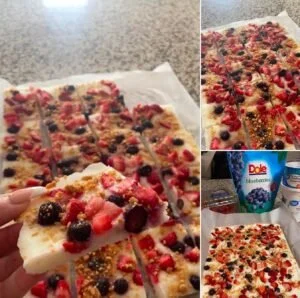 Healthy frozen yogurt bark topped with fresh fruits and nuts