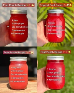 Refreshing homemade fruit punch with colorful fruits in a glass.