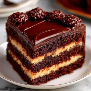 Delicious Fudge Layer Chocolate Cake topped with creamy ganache