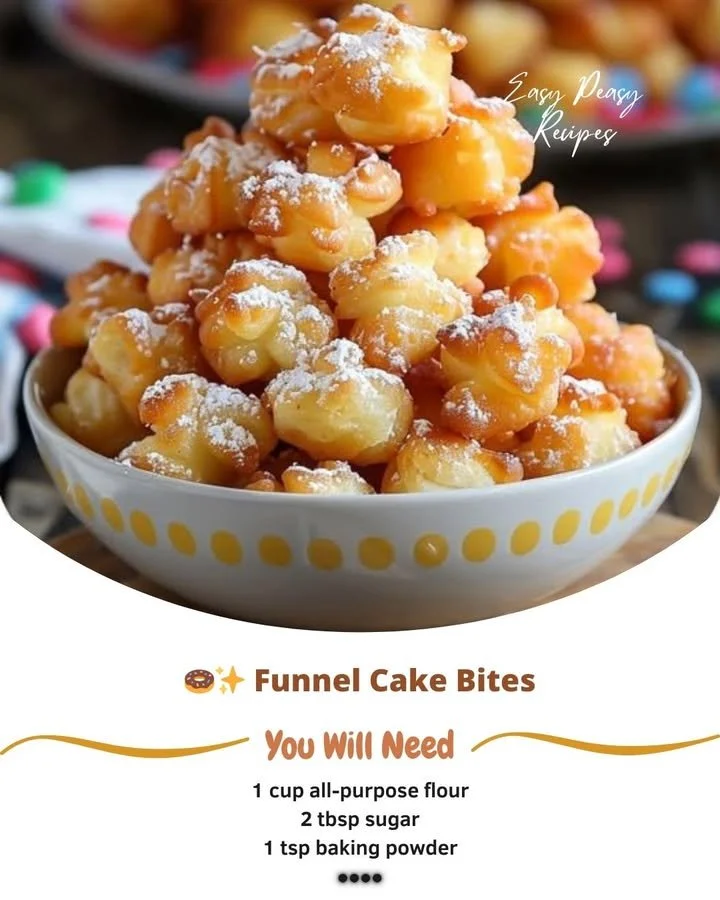 Delicious funnel cake bites served with powdered sugar and toppings