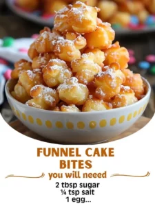 Delicious golden funnel cake bites drizzled with powdered sugar