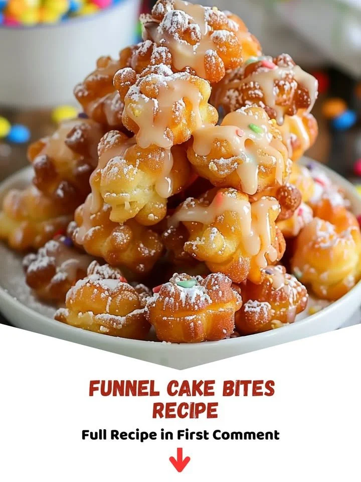 Delicious funnel cake bites served with powdered sugar and toppings.