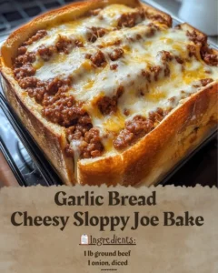 Garlic Bread Cheesy Sloppy Joe Bake topped with melted cheese and herbs