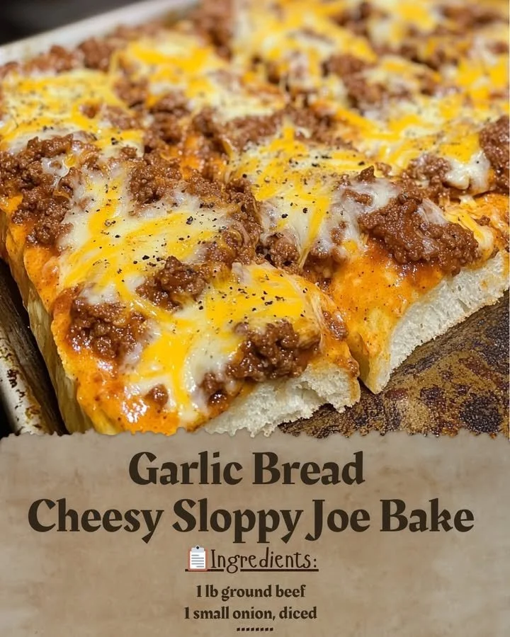 Garlic Bread Cheesy Sloppy Joe Bake topped with melted cheese and garlic bread crust