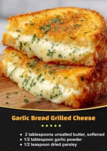 Garlic bread grilled cheese sandwich on a plate with melted cheese