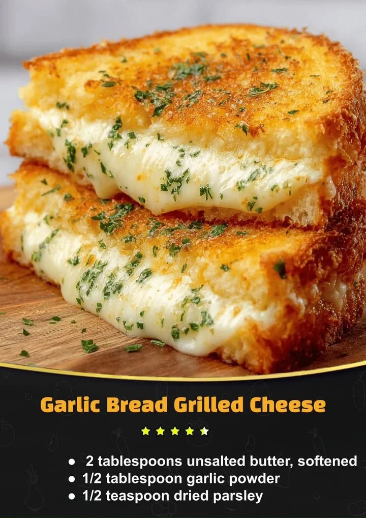 Garlic bread grilled cheese sandwich on a plate with melted cheese