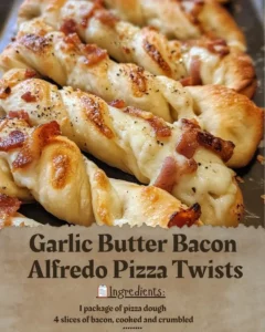 Garlic Butter Bacon Alfredo Pizza Twists with melted cheese and crispy bacon
