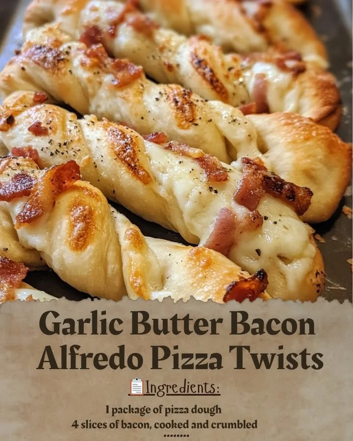 Garlic Butter Bacon Alfredo Pizza Twists with melted cheese and crispy bacon
