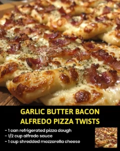 Garlic Butter Bacon Alfredo Pizza Twists with crispy bacon and buttery garlic sauce