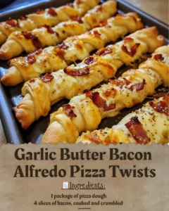 Garlic Butter Bacon Alfredo Pizza Twists topped with cheese and crispy bacon.