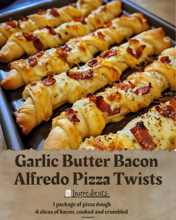 Garlic Butter Bacon Alfredo Pizza Twists topped with cheese and crispy bacon.